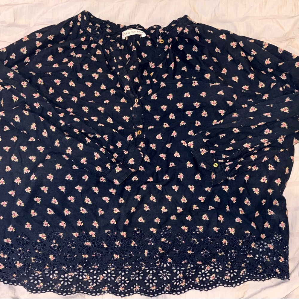 Floral Black Blouse with Eyelet Hem
